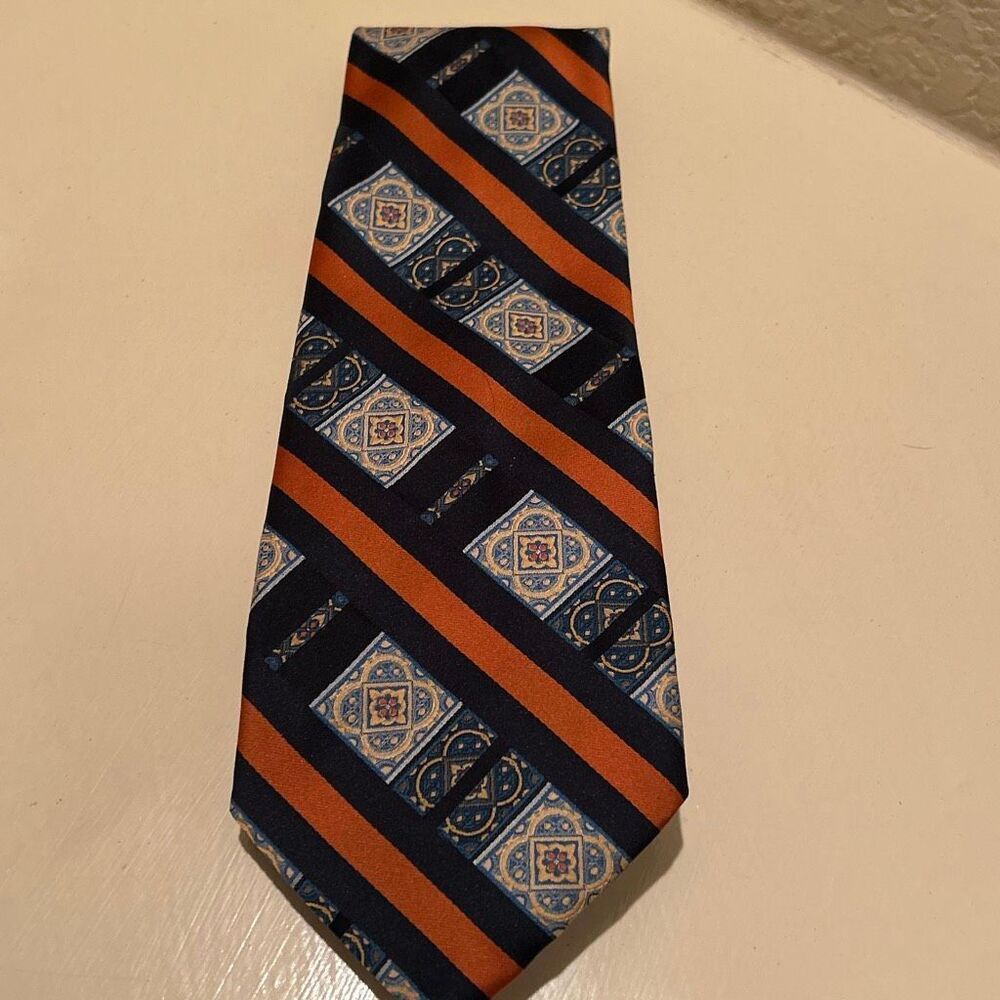 Lanvin Paris Neck Tie Blue Mandala Geometric With Orange Hue Stripes Artsy Bold